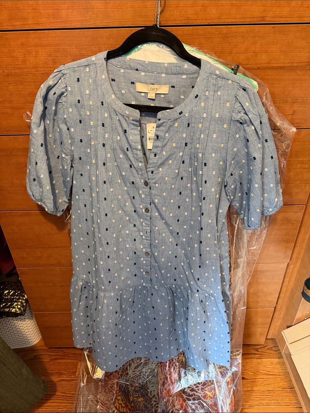 LOFT Light Blue Dot Button-Front Peplum Tunic
